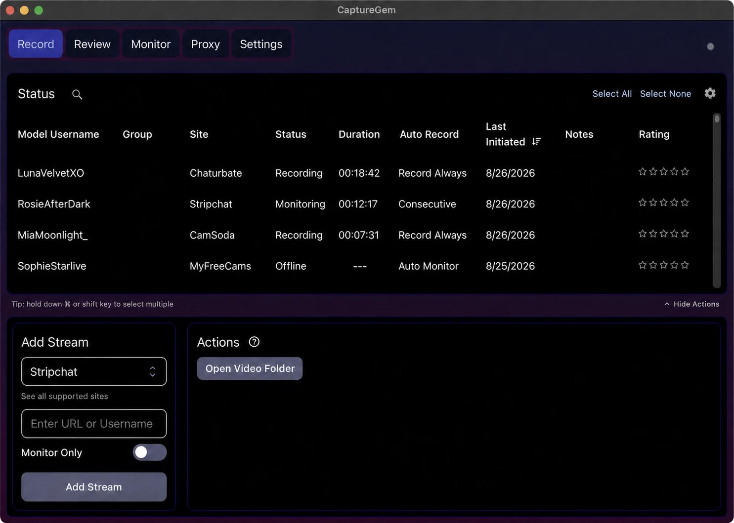 CaptureGem 2.14.7 recording dashboard with Record, Review, Monitor, Proxy, and Settings tabs